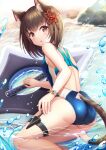  1girl :o animal_ears ass back back_cutout bare_arms bare_shoulders beach black_hair blue_swimsuit bracelet breasts brown_eyes cat_ears cat_girl cat_tail chakram clothing_cutout competition_swimsuit highres holster jewelry kunai looking_at_viewer one-piece_swimsuit original parted_lips reclining sakura_ani short_hair small_breasts solo swimsuit tail tail_cutout thigh_strap water weapon 