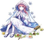  1girl ark_order bangs blue_footwear coat eating food geta grass holding holding_food ichigo_daifuku japanese_clothes kimono looking_up low_ponytail mochi official_art pink_hair pom_pom_(clothes) side_ponytail sitting snow snow_bunny socks solo tabi tachi-e transparent_background wagashi white_coat white_hood white_kimono white_legwear yue_yue yuki_onna_(ark_order) 