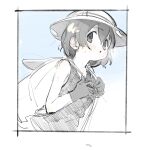  1girl absurdres backpack bag bangs border eyebrows_visible_through_hair gloves greyscale hair_between_eyes hat highres holding_strap kaban_(kemono_friends) kemono_friends kona_ming looking_at_viewer monochrome open_mouth shirt short_hair sketch sleeveless sleeveless_shirt solo upper_body 