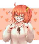  1girl ahoge bangs black_nails fate/grand_order fate_(series) fujimaru_ritsuka_(female) glasses hair_ornament hair_scrunchie heart heart_background heart_hands highres long_sleeves looking_at_viewer nail_polish one_eye_closed one_side_up open_mouth orange_eyes orange_hair redrabbit44 scrunchie solo sweater white_sweater yellow_scrunchie 
