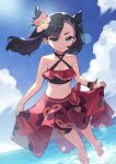  1girl bare_shoulders bikini black_hair blue_eyes breasts highres kin_niku marnie_(pokemon) navel pokemon pokemon_(game) pokemon_masters_ex sky small_breasts smile solo swimsuit tagme 