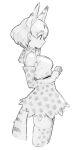  1girl bangs bare_shoulders bow bowtie breasts cropped_legs elbow_gloves extra_ears from_side gloves greyscale high-waist_skirt highres kemono_friends kona_ming medium_breasts monochrome print_gloves print_legwear print_neckwear print_skirt profile serval_(kemono_friends) serval_print shirt short_hair simple_background skirt sleeveless sleeveless_shirt smile solo thighhighs white_background 