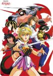  1990s_(style) 2boys 4girls armor bangs beard black_hair blonde_hair brown_hair clenched_hand facial_hair grin hand_on_own_thigh headpiece holding holding_sword holding_weapon logo long_hair looking_at_viewer majuu_senshi_luna_varga multicolored_hair multiple_boys multiple_girls official_art open_mouth parted_lips profile retro_artstyle short_hair smile sword tail two-tone_hair weapon 