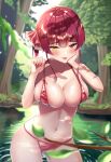  1girl bangs bikini blush breasts forest hair_ribbon heterochromia highres hololive houshou_marine large_breasts long_hair looking_at_viewer nature navel nyaa28 pond red_eyes red_hair ribbon smile solo swimsuit tongue tongue_out twintails virtual_youtuber yellow_eyes 