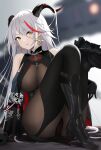  1girl aegir_(azur_lane) ass asymmetrical_footwear azur_lane bare_shoulders black_cape black_footwear black_gloves blurry blurry_background bodystocking boots breast_curtains breasts cape cross cross_earrings demon_girl demon_horns earrings eyebrows_visible_through_hair eyes_visible_through_hair gloves high_heels highres horns iron_cross jewelry knee_boots large_breasts medal multicolored_hair red_hair single_boot single_knee_boot sleeves smallqin solo stiletto_heels streaked_hair two-tone_hair uneven_footwear white_hair yellow_eyes 