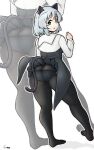  1girl animal_ears ass ass_focus bangs black_legwear blush character_request copyright_request dot_nose eyebrows_visible_through_hair full_body green_eyes highres long_sleeves looking_at_viewer looking_back medium_hair multiple_views outline panties pantyhose parted_lips shigekikkusu signature standing tail thick_thighs thighs underwear 