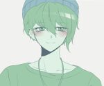  1boy alternate_costume amami_rantarou bangs beanie blue_headwear closed_mouth collarbone commentary_request danganronpa_(series) danganronpa_v3:_killing_harmony ear_piercing green_hair green_shirt grey_background hat jewelry male_focus necklace piercing porary portrait shiny shiny_hair shirt short_hair simple_background smile solo upper_body 