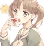  ! 1girl brown_eyes brown_hair eyebrows_visible_through_hair food fruit fukuzawa_yumi hibiki_reine highres holding holding_food holding_fruit looking_at_viewer maria-sama_ga_miteru medium_hair open_mouth sailor_collar school_uniform solo strawberry teeth twintails upper_body white_background 