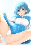  1girl blue_capelet blue_eyes blue_hair blue_skirt breasts capelet chikado heterochromia highres long_sleeves looking_at_viewer medium_breasts panties rain red_eyes shirt short_hair simple_background sitting skirt smile solo spread_legs tatara_kogasa touhou underwear wet wet_hair white_background white_panties white_shirt 