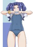  1girl arms_up ass_visible_through_thighs blue_swimsuit blush clothes_lift grin hair_intakes highres lifted_by_self long_hair melty_q_melromarc nekokyun no_pants one-piece_swimsuit purple_eyes purple_hair ribbon school_swimsuit scrunchie shirt shirt_lift short_sleeves smile solo swimsuit swimsuit_under_clothes tate_no_yuusha_no_nariagari thighs twintails white_shirt wrist_scrunchie 