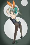  1girl animal_ears ass black_footwear black_legwear black_leotard brown_eyes bunny_ears bunny_tail commentary_request detached_collar fake_animal_ears from_behind full_body green_ribbon grey_background grey_hair hair_ribbon high_heels highres kantai_collection kenroba_(stark_chen) leaning_forward leotard pantyhose playboy_bunny ponytail ribbon solo tail two-tone_background wrist_cuffs yuubari_(kancolle) 
