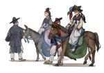  2boys 2girls animal black_eyes black_hair black_headwear bridle closed_mouth commentary_request donkey geumsu hair_ornament hair_stick hat_feather highres history horse horseback_riding korean_clothes korean_commentary multiple_boys multiple_girls original riding saddle sash simple_background standing stirrups tassel white_background 