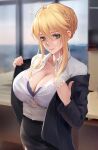 1girl artoria_pendragon_(all) artoria_pendragon_(lancer)_(fate) black_jacket black_skirt blonde_hair blue_bra bra braid breasts business_suit chihunhentai cleavage collarbone collared_shirt contemporary dress_shirt fate/grand_order fate_(series) formal french_braid green_eyes hair_between_eyes highres jacket large_breasts long_hair long_sleeves looking_at_viewer office_lady pencil_skirt shirt sidelocks skirt skirt_suit smile suit underwear white_shirt 