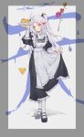  1girl absurdres alternate_costume apron azur_lane black_dress black_footwear cake cake_slice cheese dress enmaided food frilled_apron frills full_body highres holding holding_plate long_hair looking_at_viewer lyusir maid maid_apron multicolored_hair orange_eyes plate prinz_eugen_(azur_lane) red_hair shoes simple_background skirt_hold streaked_hair twintails two-tone_hair very_long_hair white_apron white_legwear 