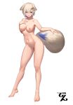  1girl animal_ears beeeeen blue_eyes breasts commentary_request completely_nude dog_ears dog_girl dog_tail extra_ears full_body hair_ornament hairclip highres looking_at_viewer medium_breasts nipples nude original simple_background solo standing star_(symbol) star_hair_ornament tail toenails toes white_background 