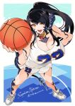  1girl absurdres au_ra ball basketball basketball_jersey basketball_uniform black_hair breasts character_name choker cleavage commission eyes_visible_through_hair fictional_persona final_fantasy final_fantasy_xiv foreshortening from_above highres holding holding_ball large_breasts long_hair looking_at_viewer minchia ponytail sapphira_nyx scales second-party_source shorts solo sportswear yellow_eyes 