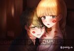  1boy 1girl alternate_costume amami_rantarou bangs bare_shoulders black_shirt blonde_hair blurry blurry_background braid check_copyright closed_mouth collared_shirt commentary_request commission copyright_request couple danganronpa_(series) danganronpa_v3:_killing_harmony ear_piercing eyebrows_visible_through_hair green_eyes green_hair hetero indoors lipstick_mark long_hair looking_at_viewer mole mole_under_eye off_shoulder open_mouth original piercing porary shirt short_hair smile teeth upper_body watermark 