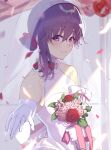  1girl bangs bare_shoulders blush bouquet breasts bridal_veil bride chip_le_cree dress elbow_gloves fate/stay_night fate_(series) flower gloves hair_ribbon highres holding holding_bouquet large_breasts long_hair looking_at_viewer matou_sakura purple_eyes purple_hair red_ribbon ribbon smile solo veil wedding_dress white_dress white_gloves 