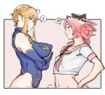 1boy 1girl amanda_kenny anger_vein arms_under_breasts artoria_pendragon_(all) artoria_pendragon_(lancer)_(fate) astolfo_(fate) bangs bar_censor bare_shoulders blonde_hair blue_gloves blue_leotard blush bow braid braided_ponytail breasts censored cleavage cleavage_cutout clothing_cutout covered_nipples crop_top crossed_arms elbow_gloves erection fate/apocrypha fate/grand_order fate_(series) french_braid gloves green_eyes hair_between_eyes hair_bow hair_intakes hands_on_hips heart highleg highleg_leotard highres large_breasts leotard long_hair looking_at_another multicolored_hair neckerchief otoko_no_ko penis penis_peek pink_hair pink_neckwear pink_sailor_collar purple_eyes sailor_collar school_uniform serafuku shirt short_sleeves sidelocks spoken_anger_vein spoken_heart streaked_hair white_hair white_shirt 