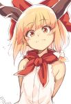  1girl bangs bare_shoulders blonde_hair blush bow closed_mouth eyebrows_visible_through_hair hair_bow horns ibuki_suika kaiza_(rider000) looking_at_viewer orange_eyes red_bow red_neckwear red_scarf scarf shirt short_hair simple_background sleeveless smile solo touhou white_background white_bow white_shirt 