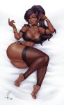  1girl 2020 aesdev3 arm_behind_head armlet ass bangs barefoot beckoning bed_sheet black_bra black_choker black_panties borrowed_character bra breasts brown_legwear choker cleavage come_hither commission dark-skinned_female dark_elf dark_skin earrings elf english_commentary eyebrows_visible_through_hair eyeshadow fingernails fishnet_legwear fishnets full_body gold_earrings highres jewelry large_breasts leggings legs_together lingerie lipstick long_hair looking_at_viewer lying makeup narrow_waist on_back on_side original panties pink_eyes plantar_flexion pointy_ears ponytail purple_hair red_lips signature solo spaghetti_strap strap_gap swept_bangs thick_thighs thighs toes underwear vanessa_(live_for_the_funk) wide_hips 