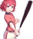  1girl bangs baseball_bat baseball_jersey baseball_uniform black_undershirt blush commentary_request cowboy_shot eyebrows_visible_through_hair highres holding holding_baseball_bat kushieda_minori looking_at_viewer matsuhisa_(ryo-tsuda1) open_mouth outstretched_arm pants red_eyes red_hair red_shirt shirt short_hair short_sleeves simple_background smile solo sportswear standing toradora! white_background white_pants 