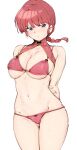  1girl alp arms_behind_back bangs bikini blue_eyes braid breasts eyebrows_visible_through_hair highres looking_to_the_side medium_breasts navel ranma-chan ranma_1/2 red_bikini red_hair saotome_ranma short_hair simple_background solo sweat swimsuit thighs white_background 