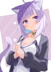  1girl :3 ahoge animal_ear_fluff animal_ears bangs black_cardigan black_choker blue_hair blush breasts cardigan cat_ears cat_girl cat_tail choker cleavage closed_mouth collarbone collared_shirt colored_inner_hair commentary_request divergenceok dress_shirt eyebrows_visible_through_hair eyes_visible_through_hair hands_up head_tilt highres hololive large_breasts long_sleeves looking_at_viewer medium_hair multicolored_hair nekomata_okayu open_cardigan open_clothes own_hands_together purple_eyes shirt solo tail tail_raised upper_body virtual_youtuber white_shirt 