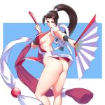  1girl ass bare_shoulders breasts brown_hair closed_fan fan fatal_fury folding_fan high_ponytail highres japanese_clothes large_breasts long_hair looking_at_viewer ninja ogami pelvic_curtain ponytail revealing_clothes shiranui_mai sideboob smile snk solo the_king_of_fighters thighs 