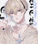  1boy bandage_on_face bandages bandaid bandaid_on_face black_hair blonde_hair blue_eyes brown_jacket collarbone earrings eyebrows_visible_through_hair highres jacket jewelry kilmydog long_sleeves looking_at_viewer male_focus matsuno_chifuyu parted_lips short_hair single_earring sleeves_past_wrists solo tokyo_revengers white_background 