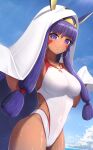  1girl absurdres animal_ears blue_sky breasts cloud cosplay covered_navel cowboy_shot dark-skinned_female dark_skin day earrings facial_mark fate/grand_order fate_(series) highres hoop_earrings jackal_ears jewelry large_breasts long_hair medjed_(fate) medjed_(fate)_(cosplay) nitocris_(fate) nitocris_(swimsuit_assassin)_(fate) one-piece_swimsuit outdoors particle_sfs purple_eyes purple_hair sky solo swimsuit white_swimsuit 