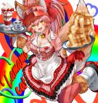  1girl animal_ear_fluff animal_ears apron bangs bell blush_stickers bow breasts character_name cleavage clothes_writing collar collarbone cup dress fangs fate/extra fate/grand_order fate_(series) food fox_ears fox_girl fox_tail gloves hair_between_eyes hair_bow ice_cream jingle_bell large_breasts long_hair looking_at_viewer lostroom_outfit_(fate) name_tag neck_bell open_mouth pancake paw_gloves paws pink_hair ponytail puffy_short_sleeves puffy_sleeves red_bow red_legwear roller_skates short_sleeves sidelocks skates smile solo striped striped_dress sundae tail tamamo_(fate)_(all) tamamo_cat_(fate) teacup totororo tray visor_cap white_apron yellow_eyes 