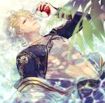  1boy abs aladdin_(sinoalice) apple bad_id bad_twitter_id bare_pectorals blonde_hair blue_eyes bridal_gauntlets exposed_muscle flower food fruit gold highres holding holding_food holding_fruit in_water jewelry looking_at_viewer lying male_focus nagatekkou necklace nipples npyon3 on_back pectorals ribbon short_hair sinoalice solo waist_cape wet white_flower 