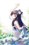  1girl bangs black_hair chinese_commentary commentary_request dress flower foliage highres in_water legs long_hair looking_at_viewer purple_eyes revdol sidelocks smile solo water white_dress zzt_(zztsama) 