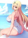  1girl bangs blonde_hair breasts headpiece highres large_breasts long_hair mythra_(radiant_beach)_(xenoblade) mythra_(xenoblade) one-piece_swimsuit ponponmaru ribbed_swimsuit silo strapless strapless_swimsuit striped swept_bangs swimsuit tiara vertical-striped_swimsuit vertical_stripes very_long_hair white_swimsuit xenoblade_chronicles_(series) xenoblade_chronicles_2 yellow_eyes 