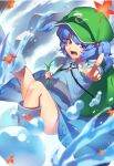  1girl arm_up autumn_leaves bag bangs blue_eyes blue_footwear blue_hair blue_shirt blue_skirt blue_sleeves blush boots collar eyebrows_visible_through_hair eyes_visible_through_hair flying green_bag green_headwear hands_up hat kaiza_(rider000) kawashiro_nitori key leaf long_sleeves looking_at_viewer open_mouth plant pointing pointing_at_viewer river rock shirt short_hair short_twintails skirt solo touhou twintails water white_collar 