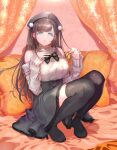  1girl bed bed_sheet black_legwear bow brown_hair curtains detached_sleeves hair_ornament hand_in_hair hand_on_own_chest hat highres long_hair looking_at_viewer meme_attire nail_polish ogamiomi open_mouth parted_lips pillow pink_nails rapunzel_(sinoalice) reality_arc_(sinoalice) sinoalice sitting solo thighhighs twintails virgin_killer_outfit zettai_ryouiki 