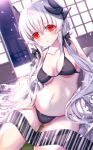  1girl bare_shoulders black_swimsuit blush breasts dragon_girl dragon_horns fate/grand_order fate_(series) grey_hair hair_between_eyes hair_ornament highres horns kiyohime_(fate) long_hair looking_at_viewer morizono_shiki multiple_horns red_eyes silver_hair solo swimsuit underwear very_long_hair 