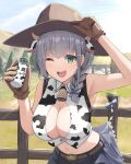  1girl ;d absurdres alternate_costume animal_ears animal_print armpits bangs bare_arms bare_shoulders bell belt blue_bow bottle bow braid breasts brown_gloves buttons cleavage cleavage_cutout clothes_lift clothing_cutout cow_ears cow_horns cow_print cow_tail cowbell cowboy_hat crop_top eyebrows_visible_through_hair farm fence gloves grass green_eyes grey_hair hair_over_shoulder hand_on_headwear hat highres holding holding_bottle hololive horns izu_(tea_value_lord) large_breasts leaning_forward midriff milk milk_bottle miniskirt navel neck_bell no_bra one_eye_closed open_mouth pleated_skirt shirogane_noel shirt skirt skirt_lift sleeveless sleeveless_shirt smile solo stomach sweat tail virtual_youtuber wet white_shirt 