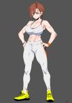  1girl abs absurdres breasts brown_hair cleavage eyebrows_visible_through_hair hands_on_hips highres idolmaster idolmaster_cinderella_girls kiba_manami large_breasts midriff muscular muscular_female nike pants shoes short_hair sneakers solo sports_bra tavor_(m_tavor) wristband yoga_pants 