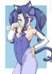  1girl :p animal_ear_fluff animal_ears arm_up armpits bare_shoulders blue_background blue_legwear breasts cat_ears cat_tail cleavage detached_collar detached_sleeves eyes_visible_through_hair hair_intakes hair_over_one_eye hand_on_hip heart highleg highleg_leotard highres leotard long_hair melty_q_melromarc nekokyun pantyhose paw_pose purple_eyes purple_hair purple_leotard ribbon simple_background small_breasts smile solo strapless strapless_leotard tail tail_ornament tail_ribbon tate_no_yuusha_no_nariagari thighs tongue tongue_out twintails white_sleeves 