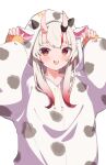  1girl :d animal_costume animal_print blush cosplay cow_costume cow_print highres hololive horns kigurumi long_hair long_sleeves looking_at_viewer multicolored_hair nakiri_ayame namaonpa open_mouth red_eyes red_hair simple_background smile solo streaked_hair upper_body virtual_youtuber white_background white_hair 