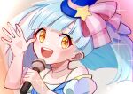  1girl blue_dress blue_hair bow choker dress eyebrows_visible_through_hair hair_ornament hat holding holding_microphone hoshikawa_lily koto_noble_gas looking_at_viewer microphone open_mouth pink_bow pink_choker puffy_short_sleeves puffy_sleeves short_sleeves star_(symbol) star_hair_ornament top_hat yellow_eyes zombie_land_saga 