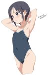  1girl arms_behind_head artist_name baba_arumi black_hair black_swimsuit character_request commentary_request competition_school_swimsuit copyright_request cropped_legs dated highleg highleg_swimsuit school_swimsuit short_hair simple_background solo swimsuit white_background 