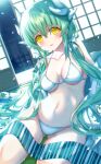  1girl bare_shoulders blush breasts dragon_girl dragon_horns fate/grand_order fate_(series) green_hair hair_between_eyes hair_ornament highres horns kiyohime_(fate) long_hair looking_at_viewer morizono_shiki multiple_horns solo swimsuit very_long_hair white_swimsuit yellow_eyes 