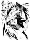  1girl apron bamboo character_name dated dress full_body greyscale hat heran_hei_mao holding kneehighs looking_at_viewer monochrome shoes short_hair_with_long_locks simple_background solo tate_eboshi teireida_mai touhou waist_apron white_background 