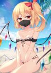  1girl absurdres armband bangs bare_shoulders beach between_legs bikini black_bikini black_mask blonde_hair blue_sky bow cloud collarbone crystal day feet_out_of_frame flandre_scarlet frilled_armband frilled_bikini frills front-tie_bikini front-tie_top hair_bow hand_between_legs highres kneeling looking_at_viewer maid_bikini mask medium_hair micro_bikini mouth_mask no_navel ocean one_side_up outdoors palm_tree pointy_ears red_bow red_eyes shanghai_bisu sidelocks sitting sky solo strapless strapless_bikini sunlight swimsuit thighs touhou tree wariza wings 