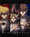  3boys alternate_costume bangs black_hair blonde_hair blue_eyes bow bowtie bright_pupils brown_eyes brown_hair buttons card commentary_request hair_between_eyes hand_up highres holding holding_card jacket jacket_on_shoulders jounouchi_katsuya kaiba_seto long_sleeves looking_at_viewer multicolored_hair multiple_boys red_hair shirt soya_(sys_ygo) spiked_hair twitter_username white_pupils white_shirt yami_yuugi yu-gi-oh! yu-gi-oh!_duel_monsters 