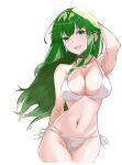  1girl :d ass_visible_through_thighs bare_arms bikini breasts chuu_(rinet) commentary cowboy_shot eyebrows_visible_through_hair fire_emblem fire_emblem:_mystery_of_the_emblem green_eyes green_hair hand_on_own_head headband highres large_breasts long_hair looking_at_viewer navel open_mouth palla_(fire_emblem) smile solo swimsuit thighs white_background white_headband 