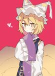  1girl absurdres blonde_hair blush commentary_request dress fox_tail hair_between_eyes hat heart highres long_sleeves mamimu_(ko_cha_22) multiple_tails pillow_hat red_background short_hair simple_background solo tabard tail tassel touhou upper_body white_dress white_headwear wide_sleeves yakumo_ran yellow_eyes 